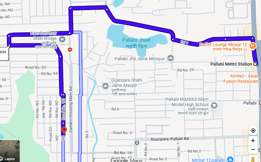 Client-supplied map showing the purple route from Pallabi Metro Station to the project at Eastern Housing, Rupnagar.
